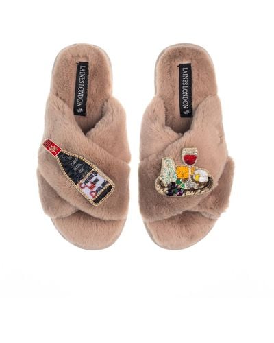 Laines London Neutrals Classic Laines Slippers With Cheese & Wine Brooches - Red