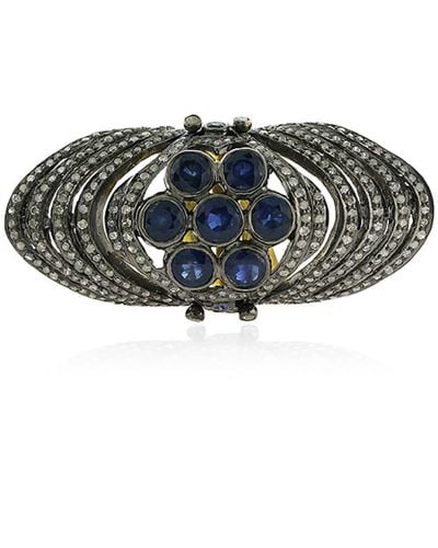 Artisan Bezel Set Blue Sapphire Gemstone & Pave Diamond In 18k Gold With 925 Silver Knuckle Ring - Green