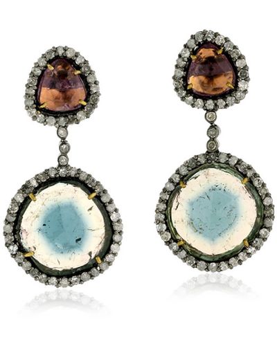 Artisan Multi Tourmaline & Diamond In 18k Gold With Silver Dangle Earrings - Blue