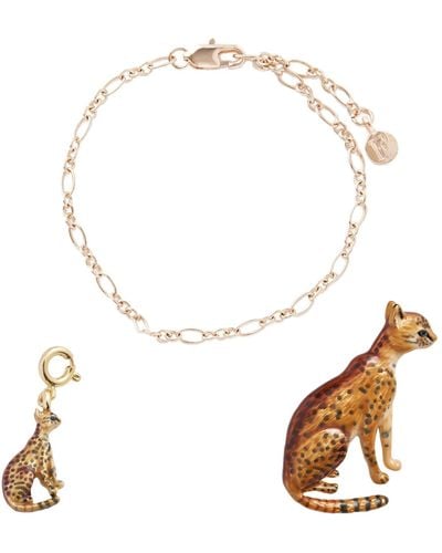 Fable England Fable Cable Chain Bracelet, Enamel Bengal Cat Charm, Enamel Bengal Cat Brooch - Metallic