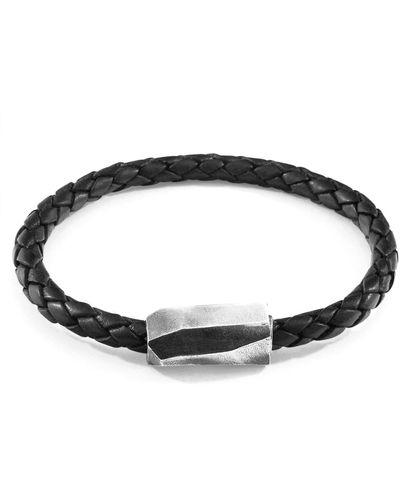 Anchor and Crew Midnight Hayling Silver & Braided Leather Bracelet - Black
