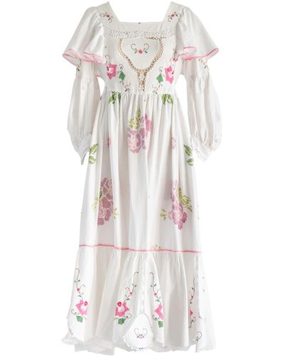 Sugar Cream Vintage Re-design Upcycled Cotton Rose Cloth Patch Embroidery Maxi Dress - White