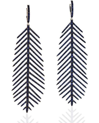 Artisan Natural Blue Sapphire Leaf Dangle Earrings White Gold Handmade Jewelry - Black