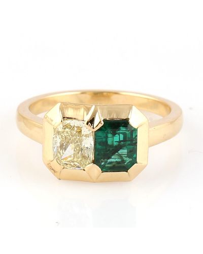 Artisan Designer Statement Ring In Natural Yellow Diamond And Emerald Jewelry - Metallic