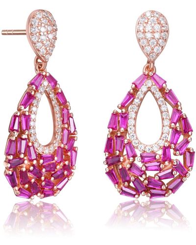 Genevive Jewelry Sterling Silver Rosse Gold Plated Baguette And Round Ruby Cubic Zirconia Pear Shape Drop Earrings - Pink