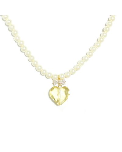 I'MMANY LONDON Whisper Of Heart Pearl Necklace With Crystal Bow And Faceted Heart Pendant - Metallic