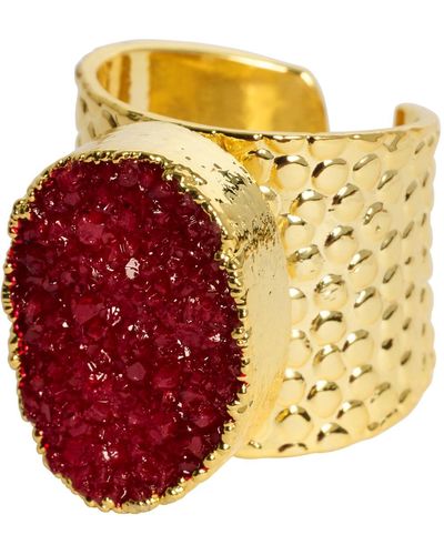YAA YAA LONDON Red Crystal Crush Semi Precious Gold Adjustable Statement Ring - Metallic