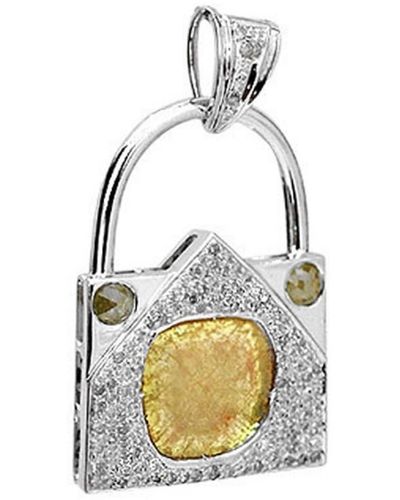 Artisan Natural Diamond 14k Solid White Gold Lock Pendant Jewelry - Metallic