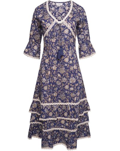 LAtelier London Valentina Navy Floral Block Print Cotton Short Dress - Blue