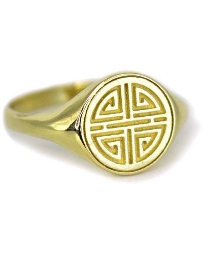 VicStoneNYC Fine Jewelry Yellow Solid Long Healthy Life Pattern Signet Ring By Handmade - Metallic