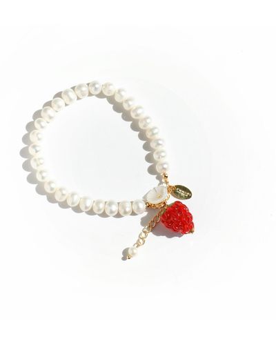 I'MMANY LONDON Very Berry Freshwater Pearl Bracelet With Lampwork Glass Raspberry And Mother Of Pearl Flower Charm - White