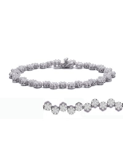 Genevive Jewelry Sterling Silver With Rhodium Plated Clear Round Cubic Zirconia Cluster Flower Link Bracelet - Metallic