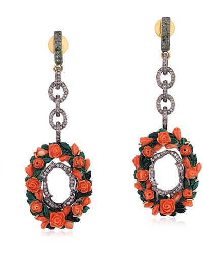 Artisan Made In Flower Carved Shall Cameo & Pave Diamond 18k With 925 Dangle Earrings - Red