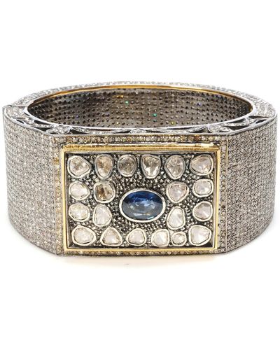 Artisan Blue Sapphire Uncut Diamond Bangle 14k Gold 925 Sterling Silver Pave Vintage Jewelry - Metallic