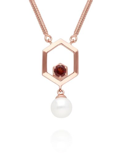 Gemondo Modern Pearl & Garnet Hexagon Drop Necklace In Rose Gold Plated Silver - Red
