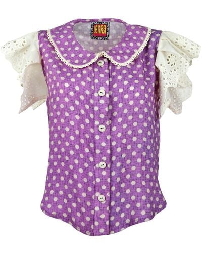 Lalipop Design Peter Pan Collar Shirt With Ruffled Embroidered Sleeves - Purple