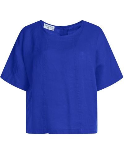 Haris Cotton Linen Curve Blouse With Back Buttons - Blue