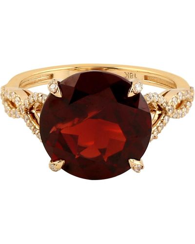 Artisan Natural Micro Pave Diamond & Garnet Cocktail Ring Jewelry In 18k Yellow Gold - Red