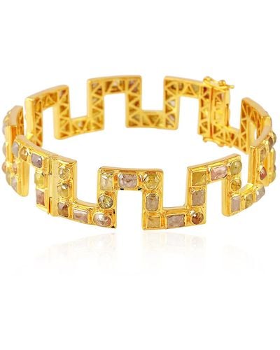 Artisan Natural Bezel Ice Diamond With 18k Solid Gold Weave Design Bangle - Metallic
