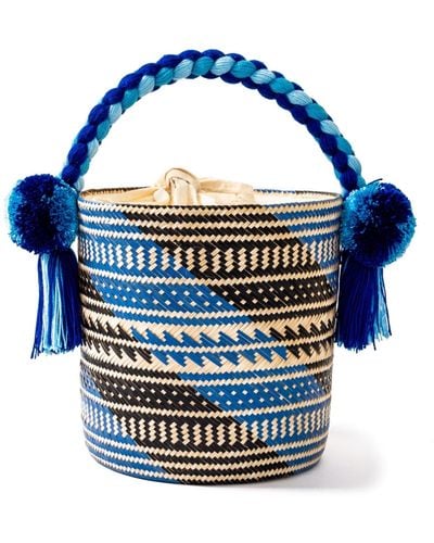 Washein Small Wave Woven Straw Bucket Bag - Blue