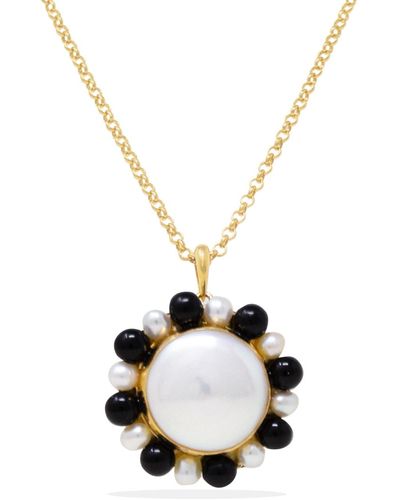 Vintouch Italy Lotus Gold-plated Baroque Pearl And Onyx Necklace - Metallic