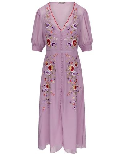 Hope & Ivy The Mila Floral Embroidered Tea Dress With Button Front And Scallop Neckline - Purple
