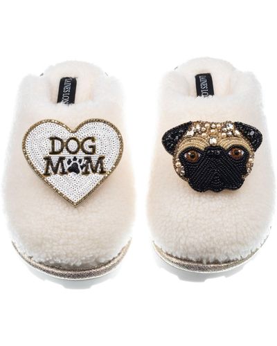 Laines London Teddy Closed Toe Slippers With Franki Pug & Dog Mum / Mom Brooches - Metallic