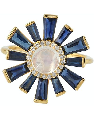 Artisan 18k Yellow Gold In Pave Diamond With Tapered Blue Sapphire & Moonstone Cocktail Ring