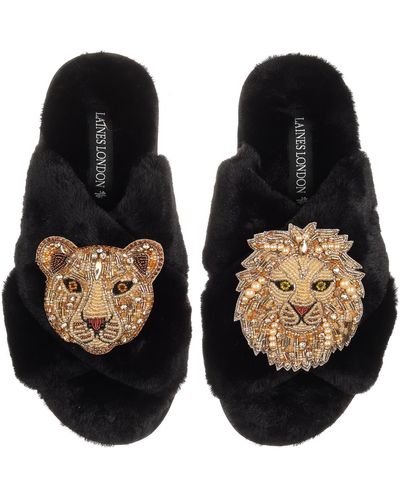 Laines London Classic Laines Slippers With Artisan Golden Lion & Lioness Brooches - Blue