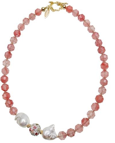 Farra Watermelon Quartz With Baroque Pearls Statement Necklace - Red