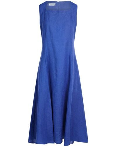 Haris Cotton Square Neckline Flared Linen Midi Dress - Blue
