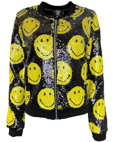 Any Old Iron Yellow Smiley Reversible Sequin Bomber Jacket