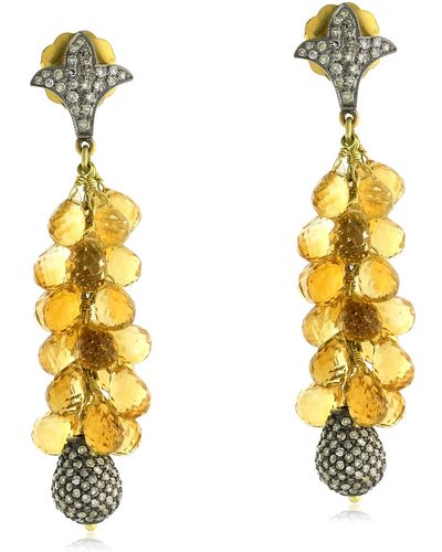 Artisan 14k Yellow Gold 925 Silver With Citrine & Diamond Chandelier Earrings - Metallic