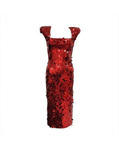 Meraki Official Square Neck Mirror Sequin Midi Dress - Red