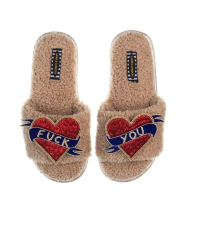Laines London Neutrals Teddy Toweling Slipper Sliders With Fuck You Brooches - Yellow