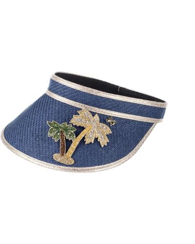 Laines London Straw Woven Visor With Couture Embellished Golden Palm Tree Brooch - Blue