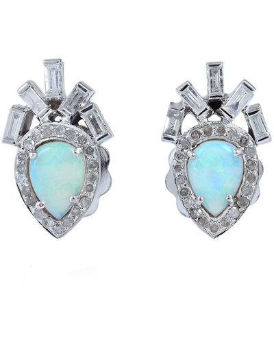 Artisan 18k Gold 925 Sterling Silver Diamond Opal Stud Earrings - Blue