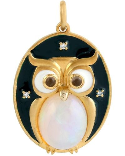 Artisan Oval Ethiopian Opal & Quartz Smoky With Diamond In 14k Gold Owl Enamel Pendant - Metallic