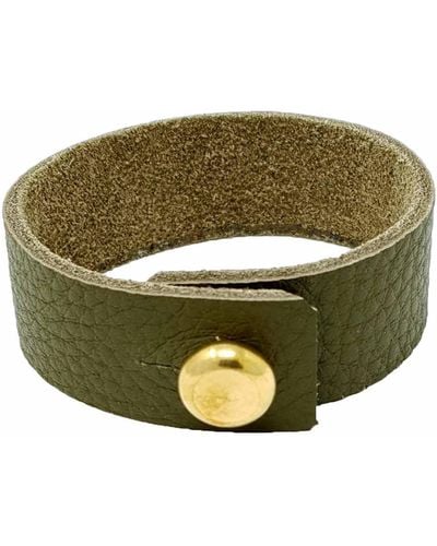 N'damus London S Olive Leather Bracelet With Large Brass Button - Green