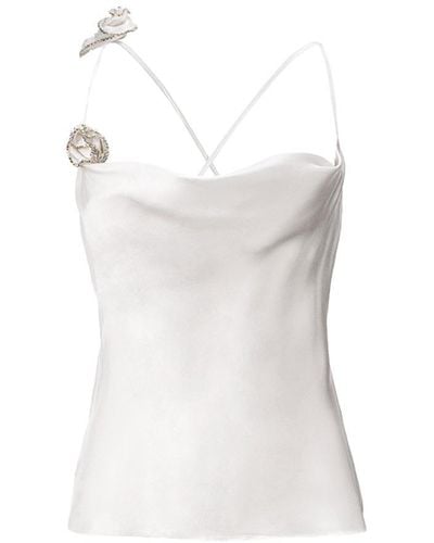 Lita Couture Rosette Appliqués Silk Top In Ivory - White