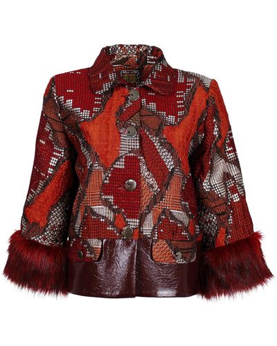 Lalipop Design Jacquard Jacket With Faux Fur Cuffs - Red