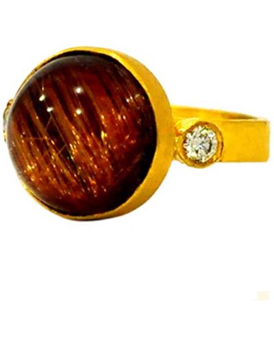 Artisan Natural Rutilated Quartz Vintage Ring 18k Yellow Gold - Orange