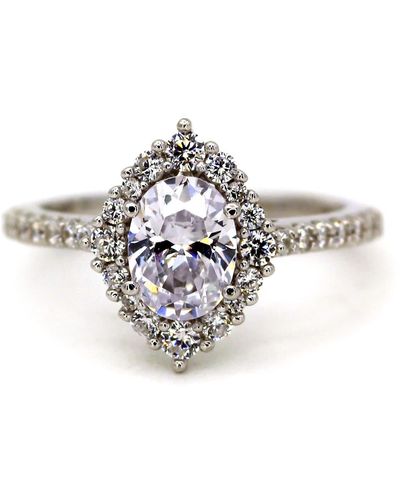 VicStoneNYC Fine Jewelry Elegant Oval Cut Diamond With Halo Design Platinum Engagement Ring - Metallic