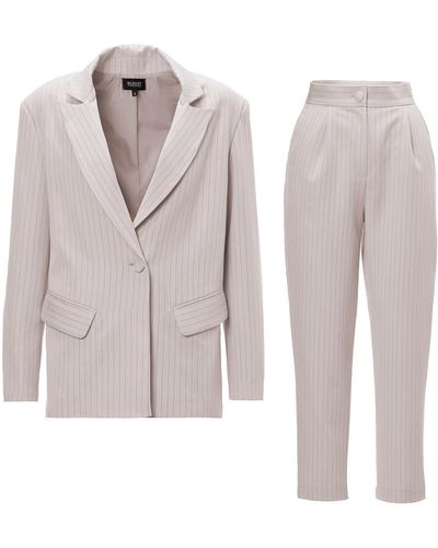 BLUZAT Neutrals Pinstripe Suit With Regular Blazer And Cropped Pants - Natural