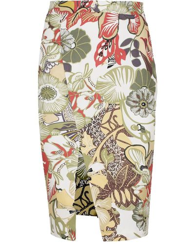 Conquista Floral Cotton Pencil Skirt In Earthy Shades - Metallic
