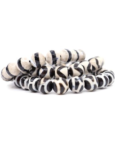 Shar Oke White & Black Patterned Tibetan Agate Beaded Bracelets - Multicolor