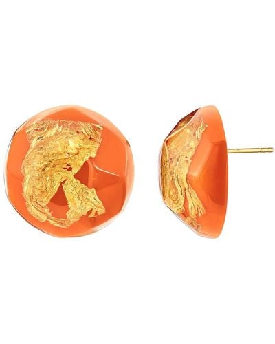 Gold & Honey 24k Gold Leaf Button Stud Earrings In Living Coral - Orange