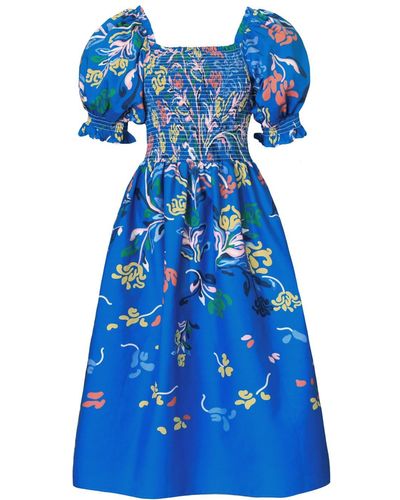 Jessie Zhao New York Night Flower Smocked Cotton Silk Midi Dress - Blue