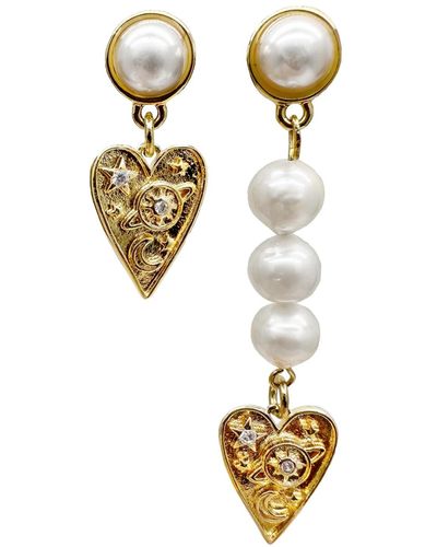 Farra Heart Dangle Freshwater Pearls Asymmetric Earrings - Metallic