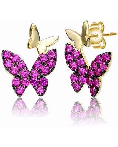 Genevive Jewelry Sterling Silver Yellow Gold Plated Ruby Cubic Zirconia Double Butterfly Drop Earrings - Purple